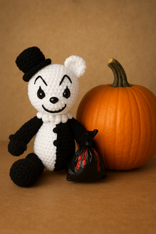 Handmade Crochet Bear – Spooky Black & White Clown Plush | SnuggleStitch Halloween Exclusive