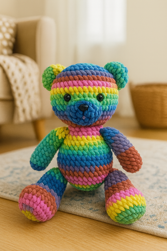 🌈 Rainbow SnuggleStitch Bear – Handmade Crochet Plush