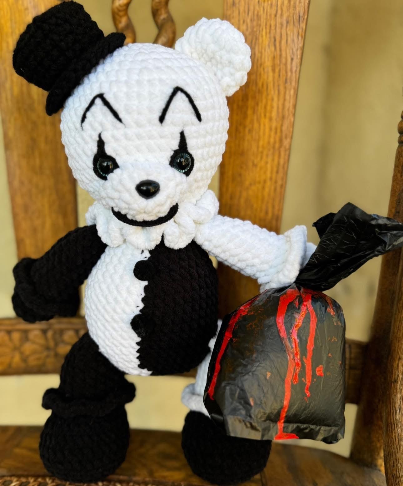 Handmade Crochet Bear – Spooky Black & White Clown Plush | SnuggleStitch Halloween Exclusive