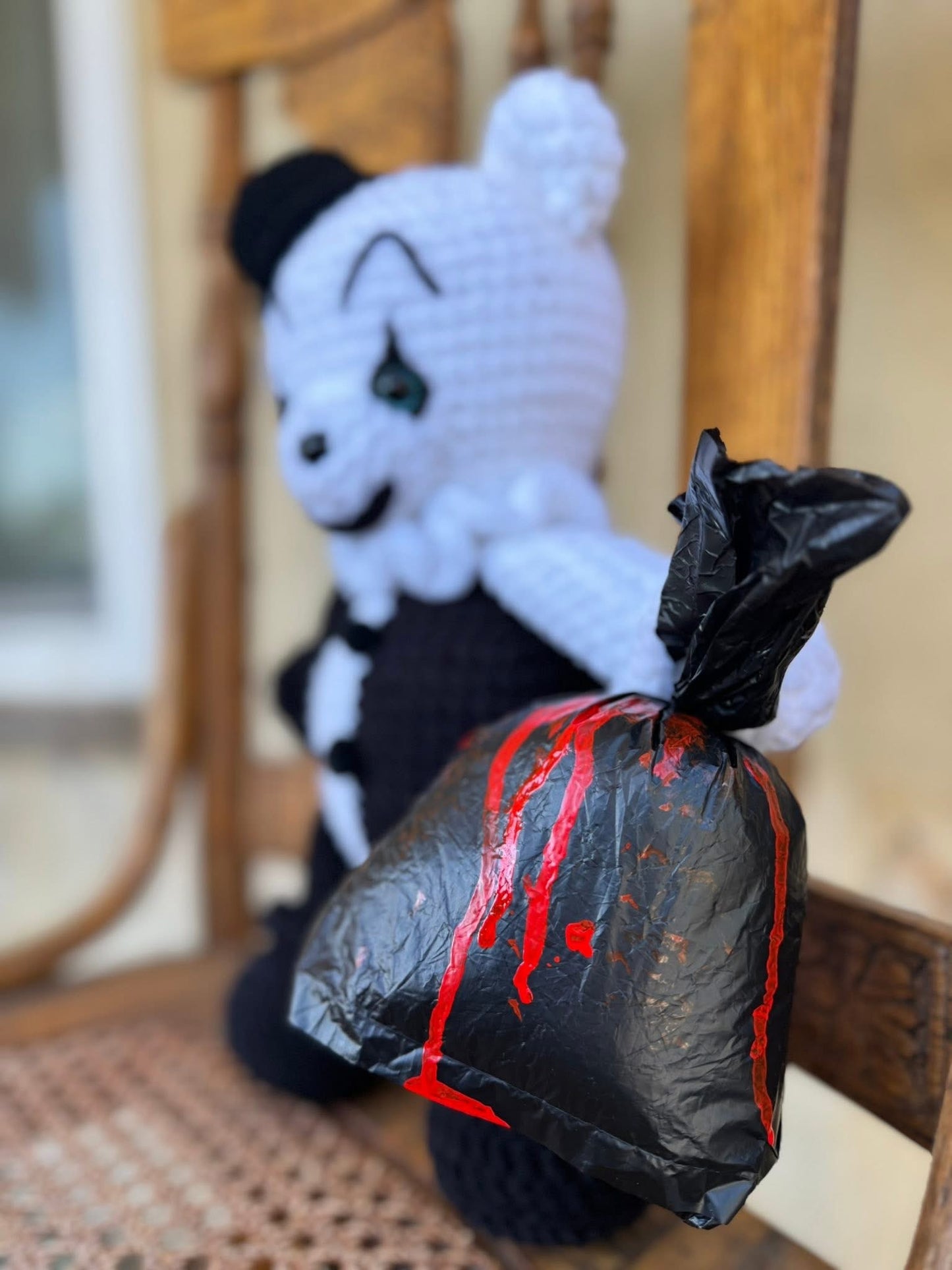 Handmade Crochet Bear – Spooky Black & White Clown Plush | SnuggleStitch Halloween Exclusive