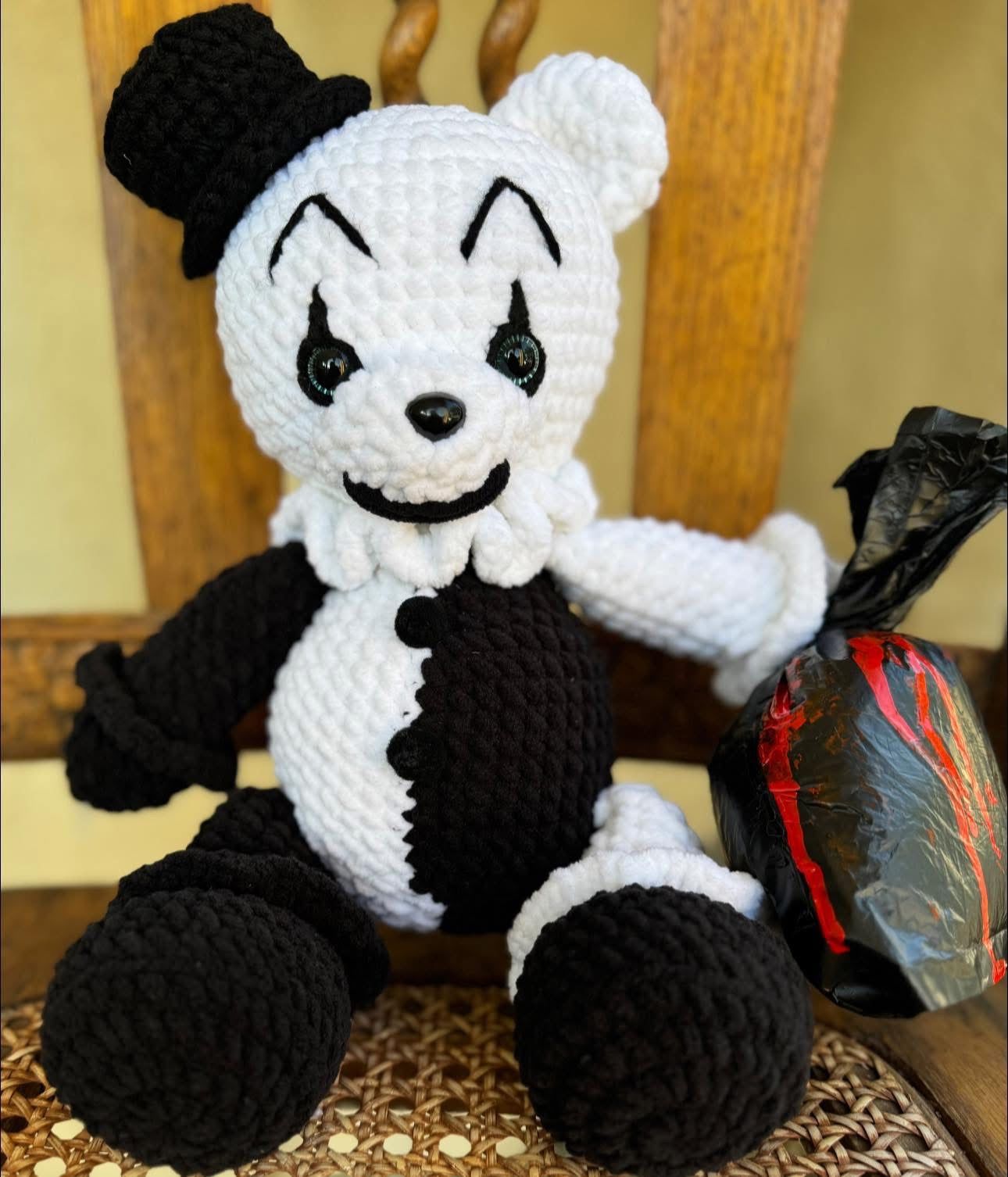 Handmade Crochet Bear – Spooky Black & White Clown Plush | SnuggleStitch Halloween Exclusive