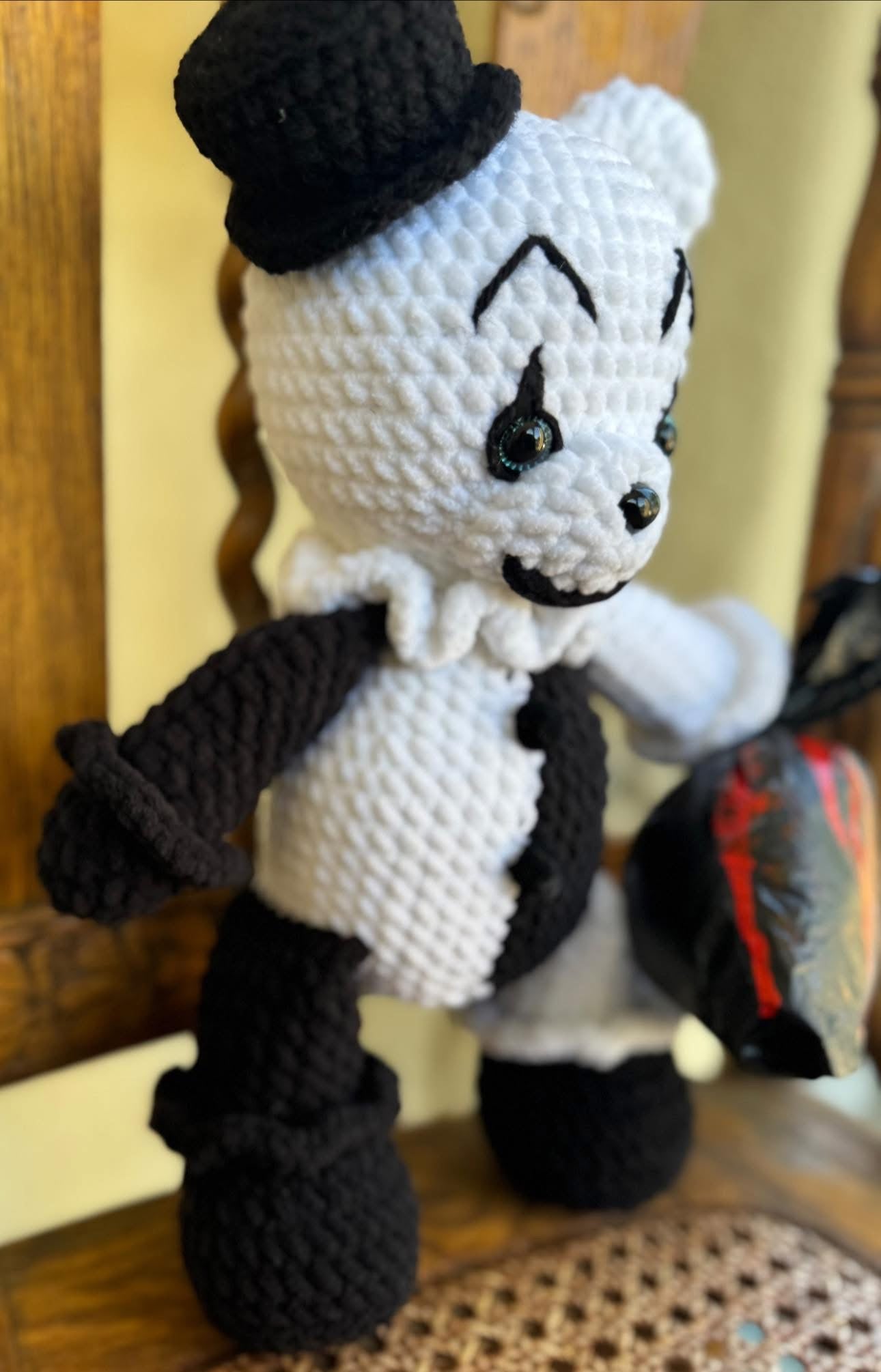 Handmade Crochet Bear – Spooky Black & White Clown Plush | SnuggleStitch Halloween Exclusive